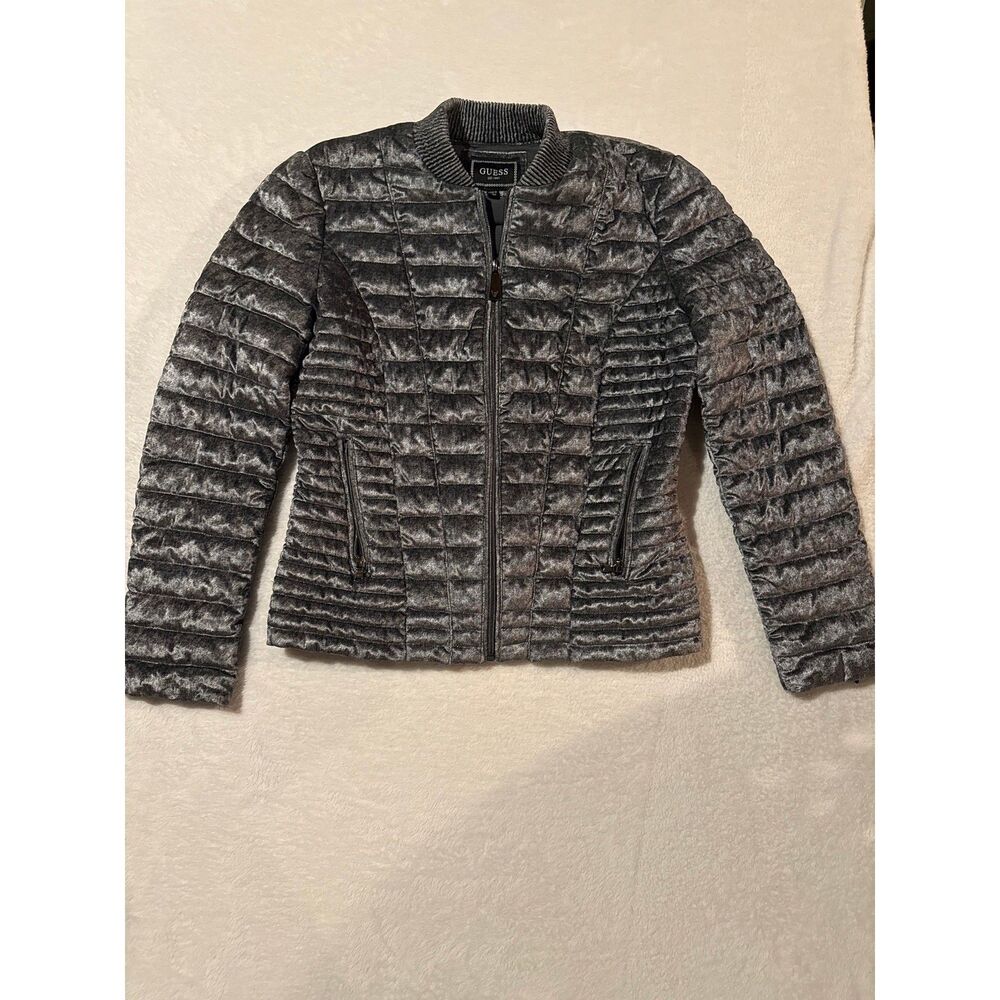 GUESS Women's Size Medium Crushed Velvet Puffer Jacket Gray Quilted Full Zip